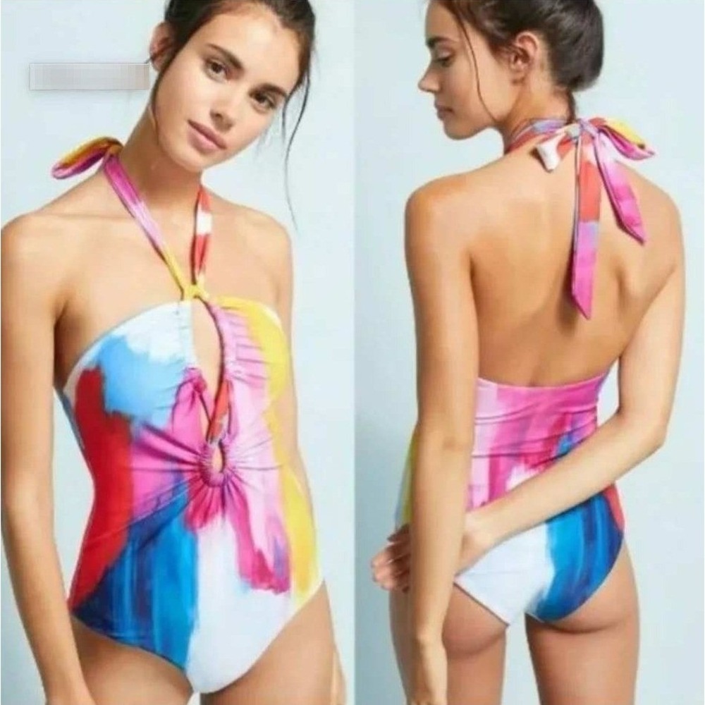Mara Hoffman Abstract Brushstroke Halter 1 Piece Swimsuit Medium Multicolor Flaw